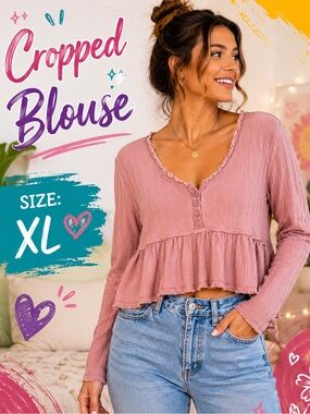 Bloomfield cropped Pink Ribbed Henley Peplum Top XL blouse